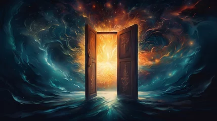 Foto op Plexiglas Abstract art of mystical  open door in dreams leading to an unknown world, surrealism or fantasy world concept background © AiDesign