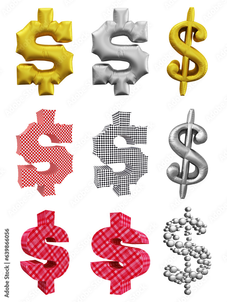 Poster set of dollar symbol design. icon or sign shape isolated on transparent background in 3d rendering.