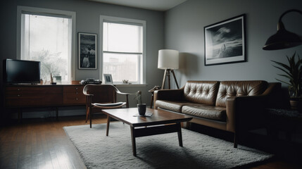 gray walls, a white sofa and chair, a laptop on a coffee table, and a horizontal poster can all be seen in this side view of a living room.