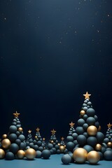 Several christmas trees with chrismas balls on dark background. New year's poster with copy space. Xmas stars and balls. Gift box with ribbon.