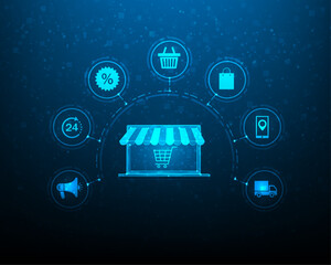 online shopping laptop technology on blue background. e-commerce delivery digital concept. vector illustration fantastic design.