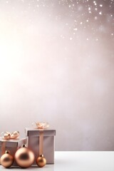 New Year concept. Front view photo of giftboxes with ribbon, baubles and sequins on isolated pastel background with empty space. Creative wallpaper.