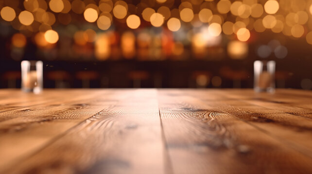 an empty tabletop podium in a restaurant with a blurred background with a copy of the evening bar space.