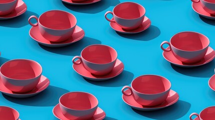 Pattern of cups of coffee standing in rows against blue background