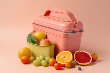 A refreshing and colorful mix of fruits scattered around a pink handled fridge on a peach background.