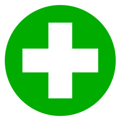 White cross icon on green circle background, green plus sign, cross symbol of safety guidance - stock vector