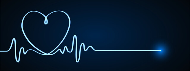 Blue heart and pulse one line hand drawn, cardiogram sign, electrocardiogram heartbeat - stock vector