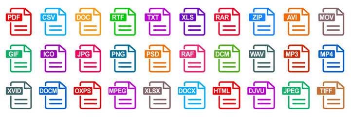 Set file document formats: PDF, CSV,  DOC, JPG, RTF, TXT, XLS, RAR, ZIP, AVI, MOV, GIF, JPG, PNG, PSD, RAF, MP3, MP4, XVID, MPEG, XTML, JPEG, file extensions diverse icons set isolated - stock vector - obrazy, fototapety, plakaty