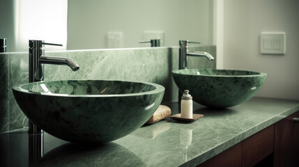 Green stone double sink in white bathroom.