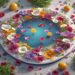 flowers in a round plate in the water 3d render generative ai