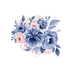 Watercolor Vintage Blue and Pink Flowers , isolated vector.