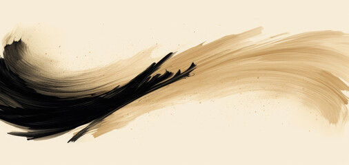 Black ink brush stroke on beige paper background. Abstract background in Japanese style. Japanese calligraphy