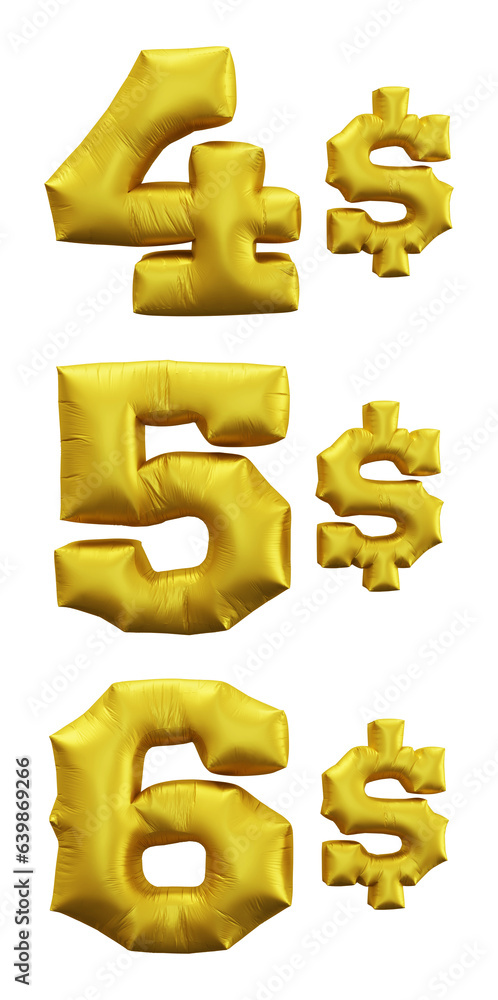 Poster set of golden dollar numbers in 3d rendering isolated on transparent background in balloon style for