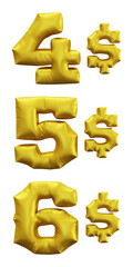 Set of golden dollar numbers in 3d rendering isolated on transparent background in balloon style for money, price and business concept.
