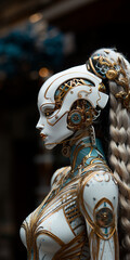 Fototapeta na wymiar Hübsche Roboter Frau in Cyberpunk Anzug sexy in weiß gold, ai generativ
