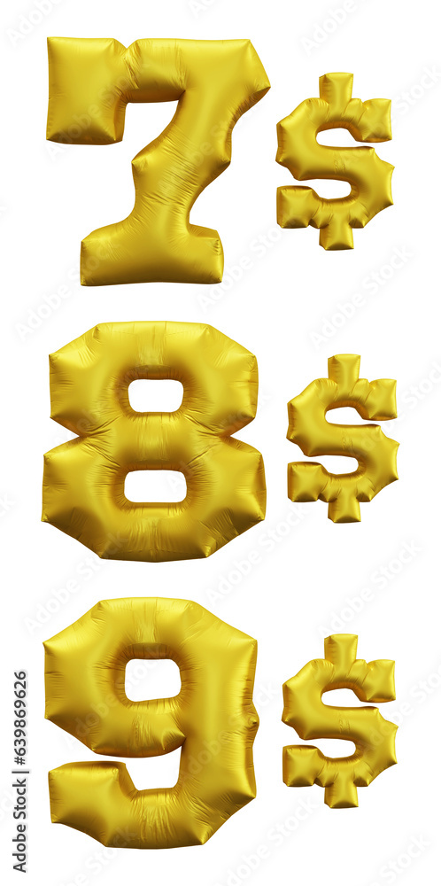 Poster set of golden dollar numbers in 3d rendering isolated on transparent background in balloon style for