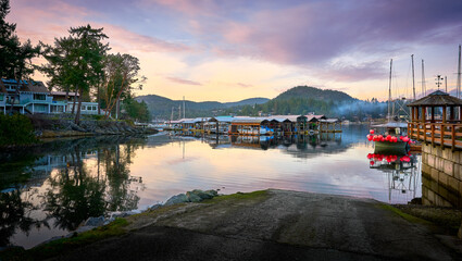 Marina in Madeira Park at sunset. Pender Harbor. Sunshine Coast, British Columbia, Canada