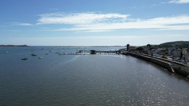 Starcross, River Exe, South Devon, England: DRONE VIEWS: Starcross village; Starcross railway station & track; and Starcross Harbour, which is a river crossing point for reaching the town of Exmouth.
