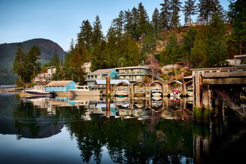 Marina in Madeira Park at sunset. Pender Harbor. Sunshine Coast, British Columbia, Canada