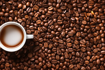 Fototapeta premium White mug with coffee beans on the background of coffee beans. Generative AI