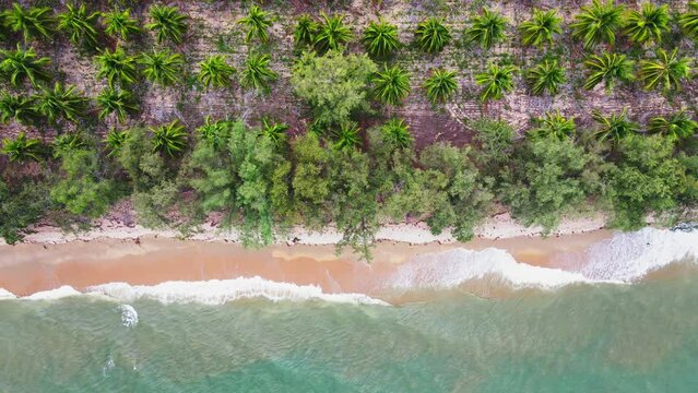 Tropical seas beautiful turquoise waters sandy beach aerial top view. Drone rise up. Prachuap khiri khan, Thailand. 