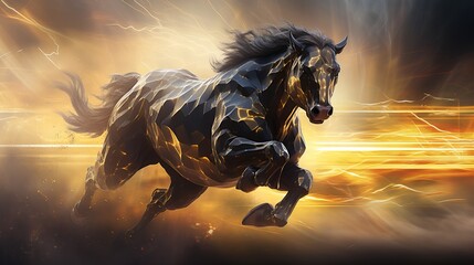 Metallic horse charges through street in Fiery Scenes - obrazy, fototapety, plakaty