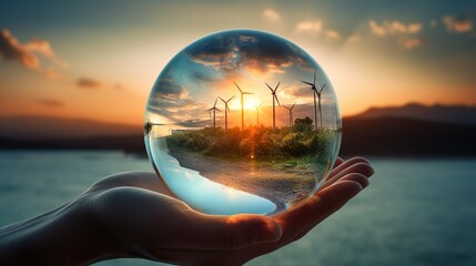 Rotating Mini Wind Turbine in Glass Bubble - Sustainable Energy Decor, generative Ai