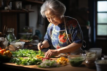 古風な日本のおばあさん、台所で野菜を切る