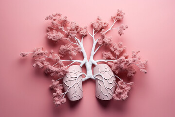 Human lungs on monochrome pink background: Flowers and plants flourish for lung health. Embrace the vibrancy of nature's wellness symphony.
