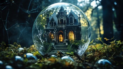 Spooky Mansion in Glass Bubble - Mini Ghosts, Cobwebs & Graveyard for Halloween, generative Ai