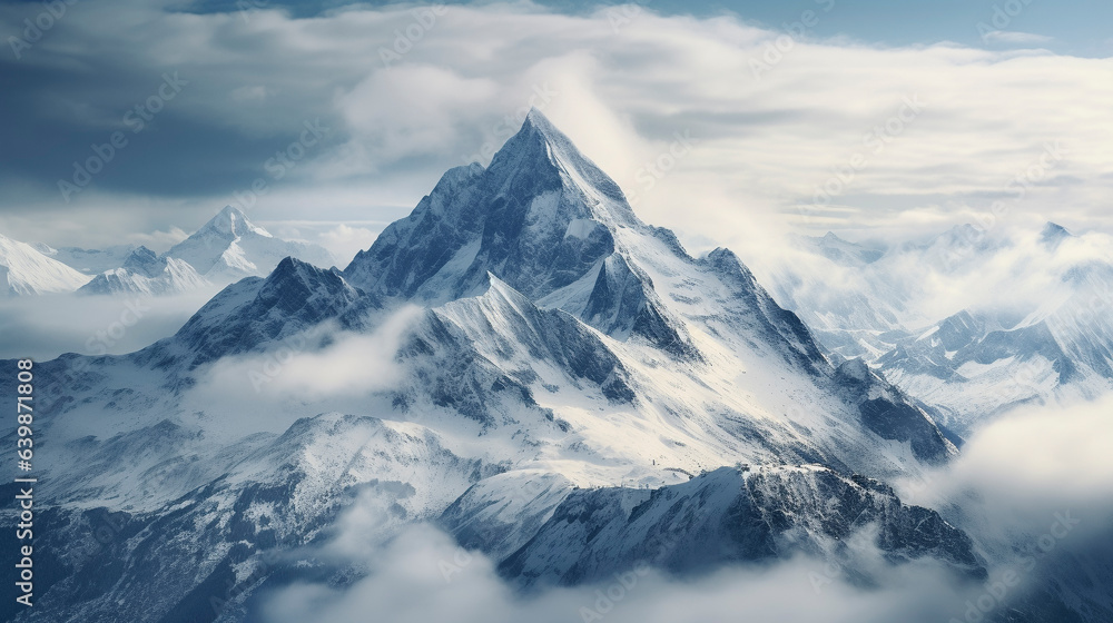 Wall mural Drone photo of a mountain in Swiss Alps in winter. 