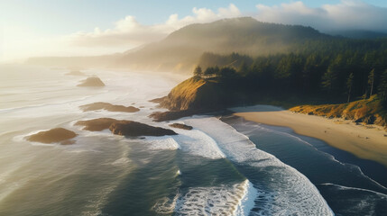 drone photo of Oregon beaches during sunset  - obrazy, fototapety, plakaty
