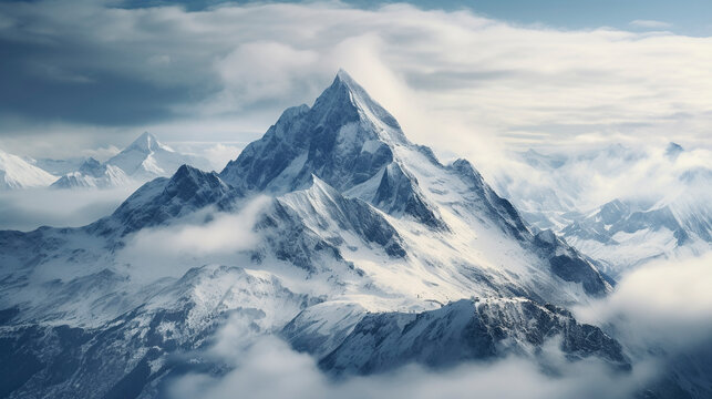 Drone photo of a mountain in Swiss Alps in winter. 
