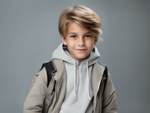 Portrait of a child, a smiling boy with a backpack on a gray background. - Powered by Adobe