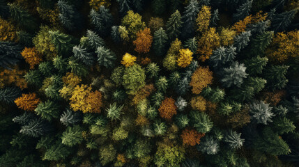 Naklejka na ściany i meble Top down drone photo of autumn trees and evergreen trees in North America 