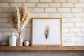 Minimalist boho frame interior with white brick wall,  frame mockup and pampas grass