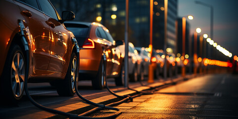 E-Autos auf nasser Straße in Reihe geparkt mit unten Ansicht und Sonnenuntergang als Querformat für Banner, ai generativ