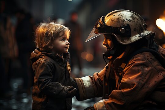 Portrait Of Rescued Little Boy With Firefighter Man Standing Near Fire Truck. Firefighter In Fire Fighting Operation. Children Safety