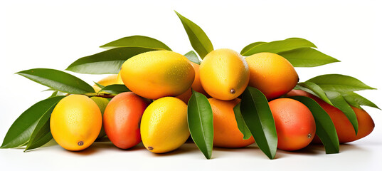 Mango fruits with leaves isolated on white background, clipping path included (generative ai)
