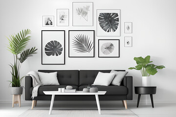 Modern scandinavian home interior with empty photo frames, wooden commode design, black statue, tropical leaves, gray sofa and personal accessories. Stylish home decor.