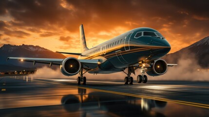 A large private jet takeoff from an airport runway at sunset or dawn with the landing gear down and the landing gear down, as the plane is about to take off. - obrazy, fototapety, plakaty