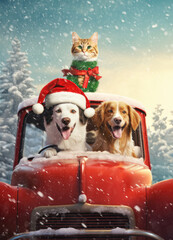 Happy dogs and cat in a car at Christmas