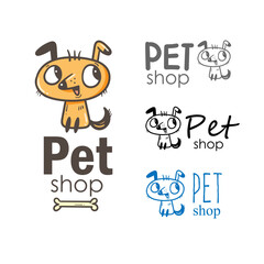 Pet shop vector logo. Doodle funny cartoon dog. Variants of characters with puppies.