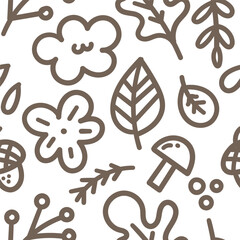 Vector seamless pattern with doodle leaves on white background. Funny print. Autumn time. Poster leaf fall.
