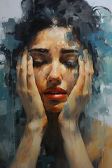Digital illustration, closeup portrait of a distressed woman, young attractive women feeling anxiety and stress