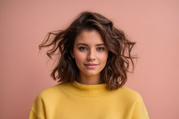 Fototapeta premium Funny young brunette woman girl in yellow sweater posing isolated on pastel pink wall background studio portrait. People sincere emotions lifestyle concept. Mock up copy space