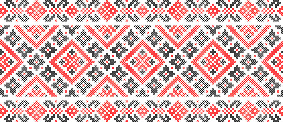 Vector illustration of Ukrainian ornament in ethnic floral style, identity, vyshyvanka, embroidery for print clothes, websites, banners. Background. Geometric design, frame for text, copy space
