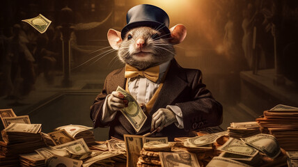 rat banker bad politician caricature, greed anger business concept. - obrazy, fototapety, plakaty