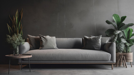 Grey sofa with pillows and houseplant near white wall.