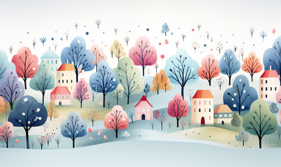Colored houses, trees painted on a white background.